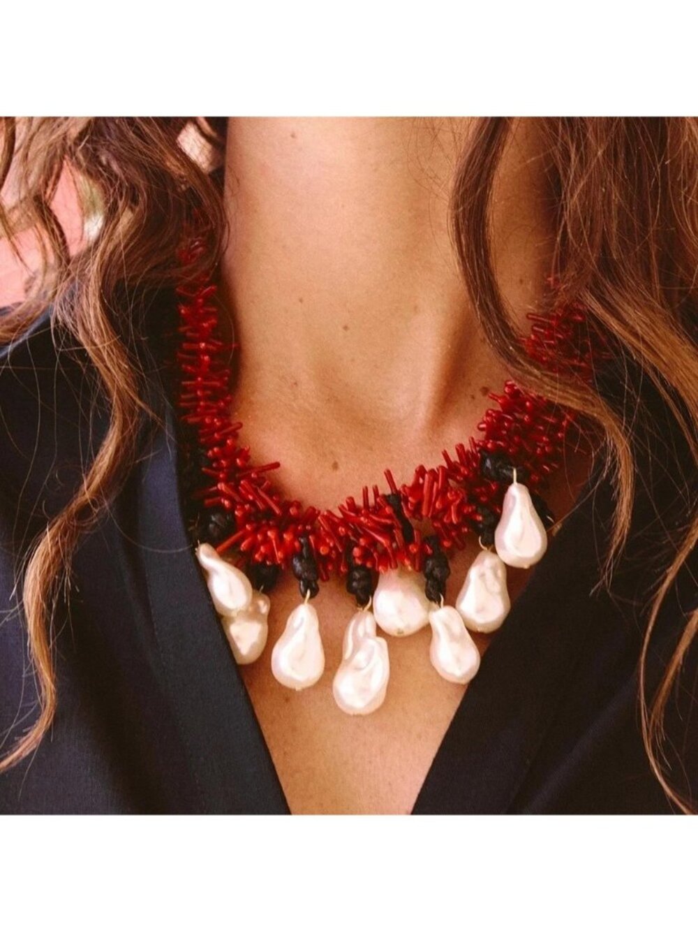 Zara Chunky Statement Necklace Red Coral Bead Faux Pearls beach 4736/061 NWT